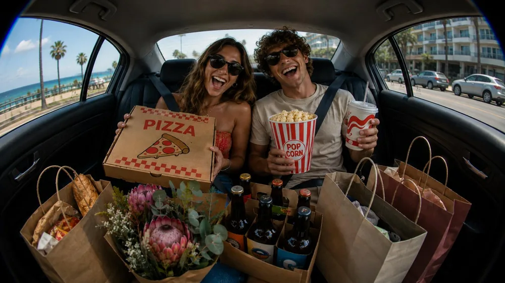 Two friends in the back of a Booma ride surrounded by pizza, popcorn, flowers and shopping bags