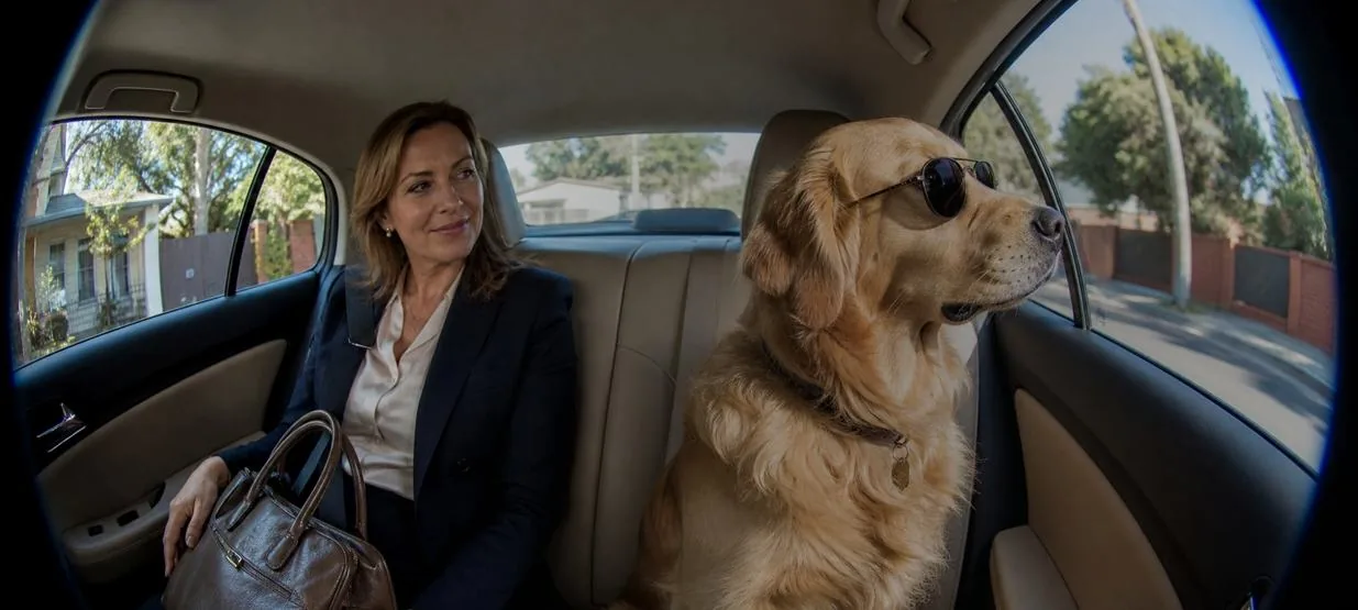 A woman and a golden retriever wearing sunglasses in the back of a Booma ride
